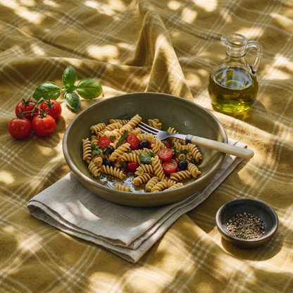 Cold fusilli salad with cherry tomatoes, olives and basil in a stoneware bowl, with olive oil, vine tomatoes and cracked pepper alongside