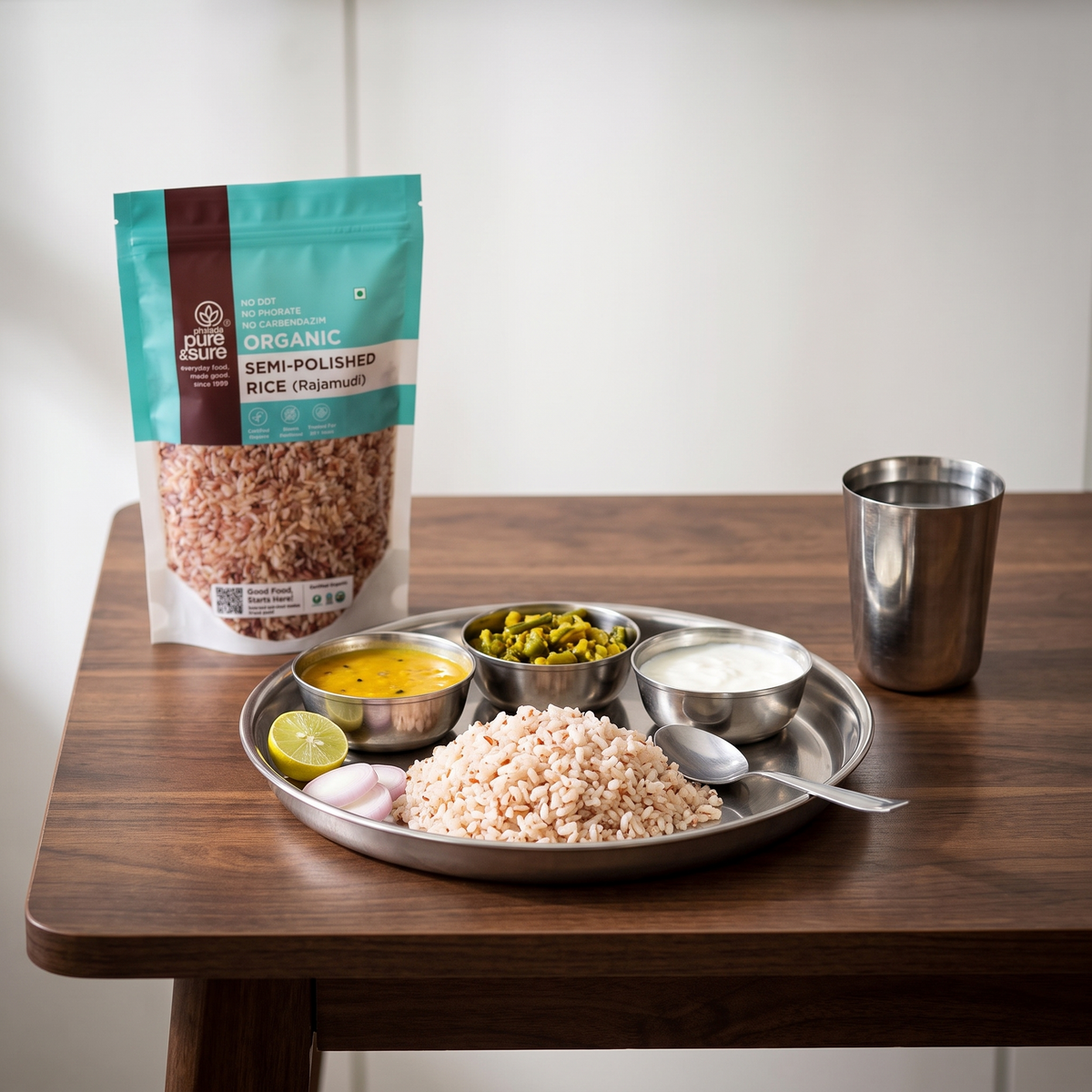 An everyday home lunch of semi-polished Rajmudi rice served on a steel thali with dal, sabzi and curd, the pack behind