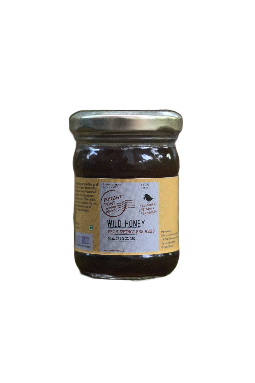 Forest Post Wild Honey from Stingless Bees 135g jar on a plain background