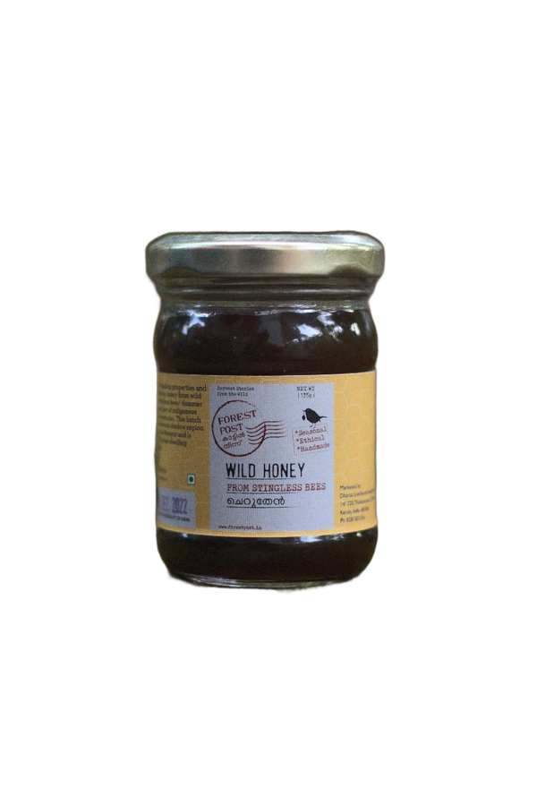 Forest Post Wild Honey from Stingless Bees 135g jar on a plain background