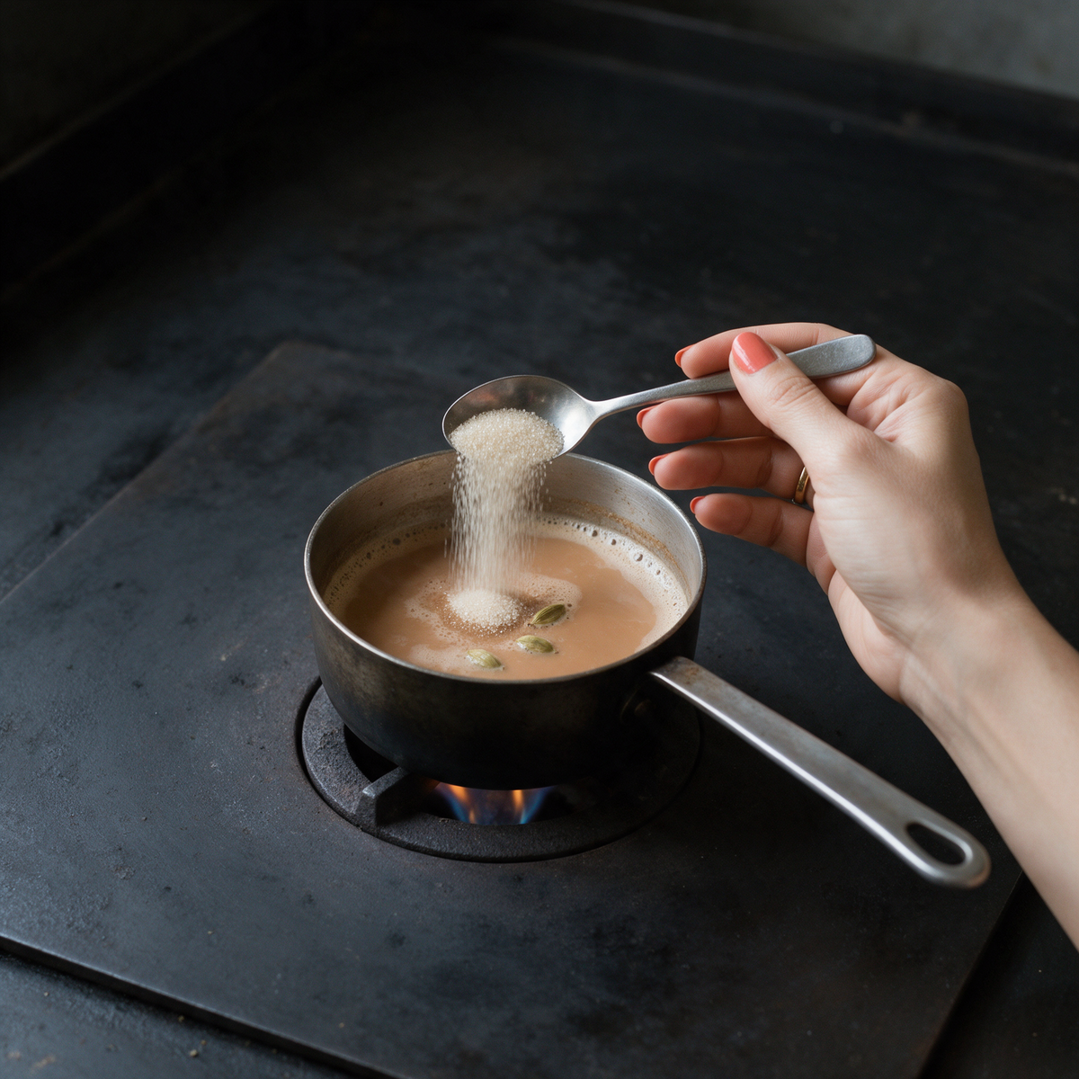 A hand tipping sugar from a steel spoon into tea simmering in a small saucepan over a gas flame