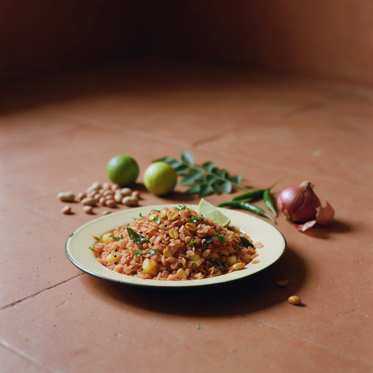 A plate of cooked red poha with peanuts, curry leaves and coriander
