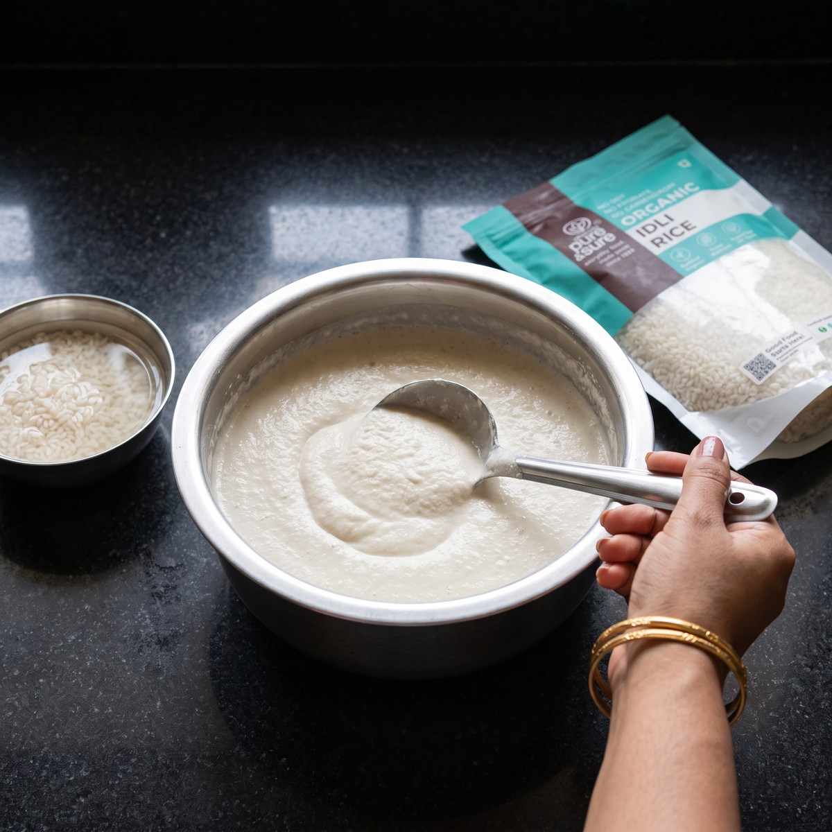 Preparing idli batter with the idli rice pack alongside