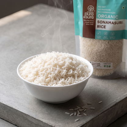 Fluffy cooked Sona Masoori rice with the pack