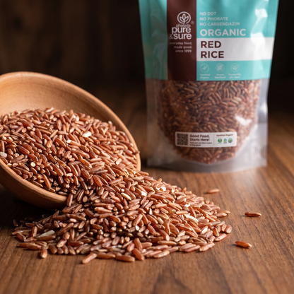 Close-up of raw red rice grains with the pack