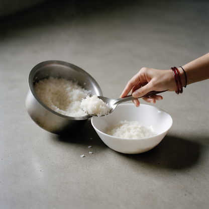 Serving cooked rice from the pot into a bowl