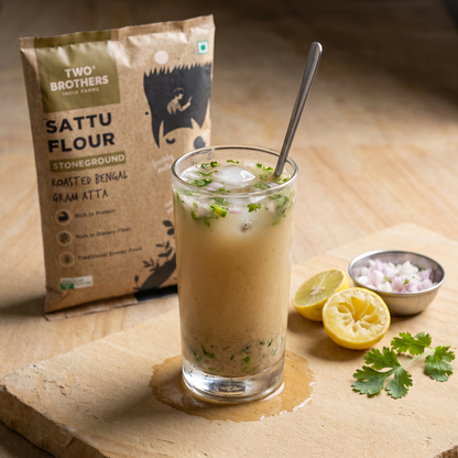 A chilled sattu drink with lemon, onion and coriander, with the pack