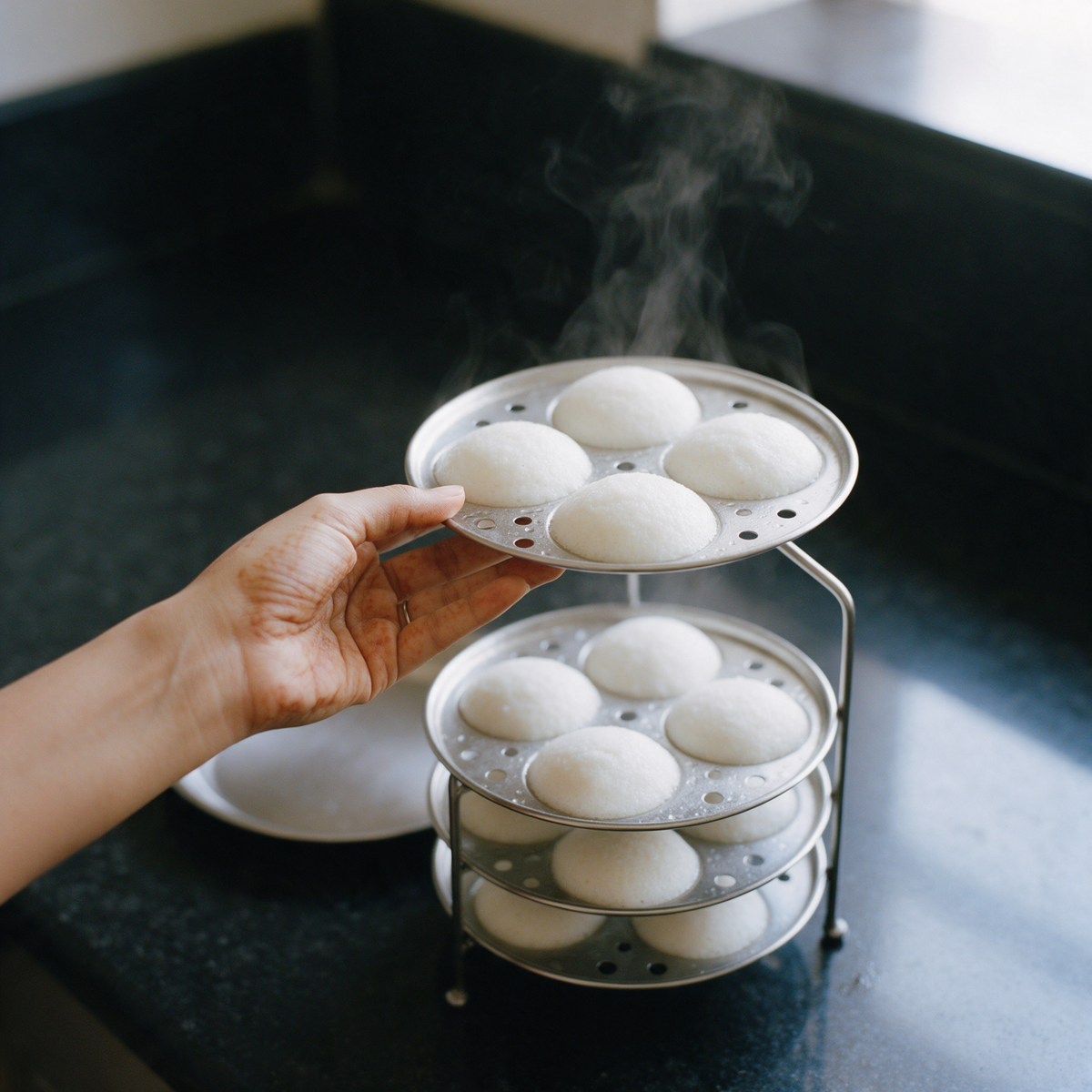 Lifting freshly steamed idlis out of the idli steamer