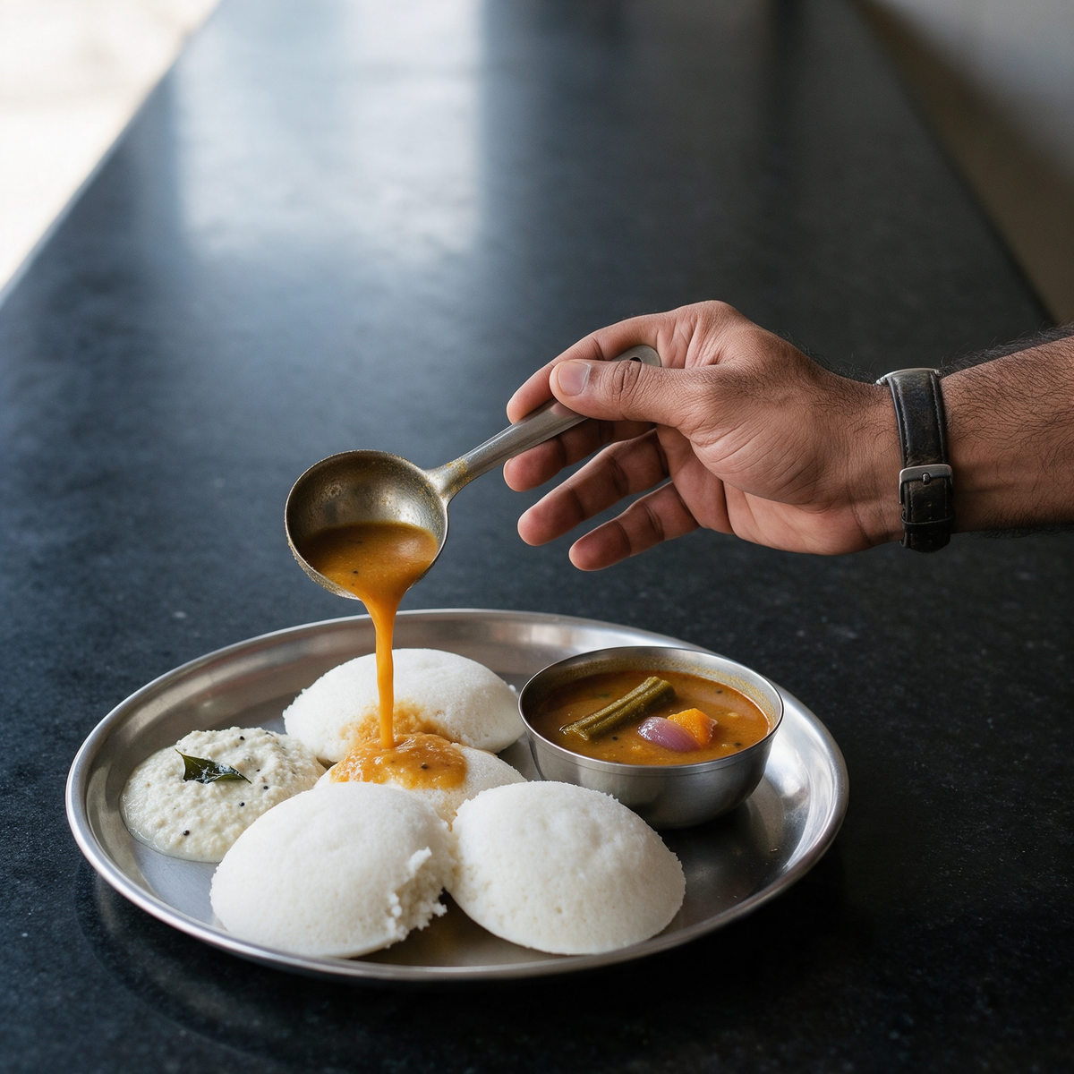 Pouring sambar over steamed idlis with coconut chutney