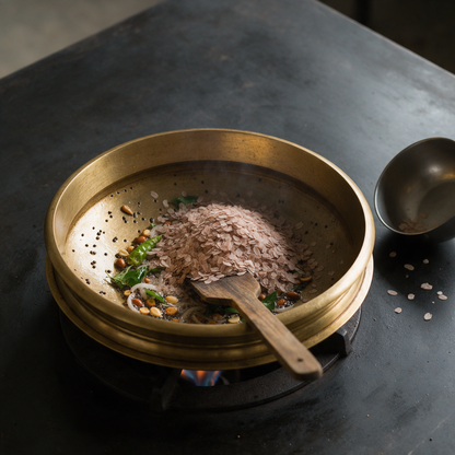 Adding red poha to a tempering in a brass kadai