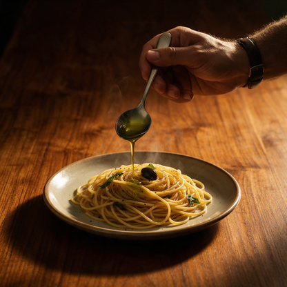 Extra virgin olive oil spooned over a plate of hot spaghetti with basil and black pepper