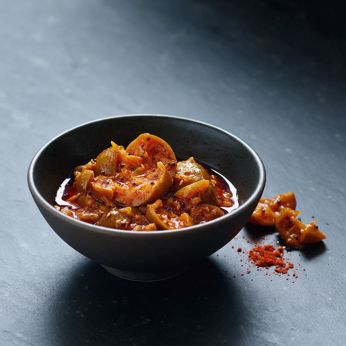 Traditional South Indian lime pickle in a dark stoneware bowl, cured in mustard oil with whole mustard and fenugreek seeds