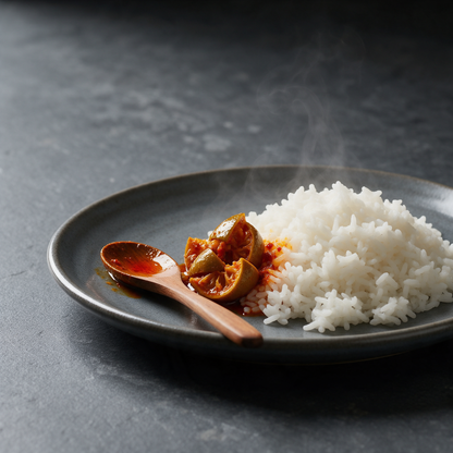A spoonful of lime pickle served beside hot steamed rice on a dark stoneware plate