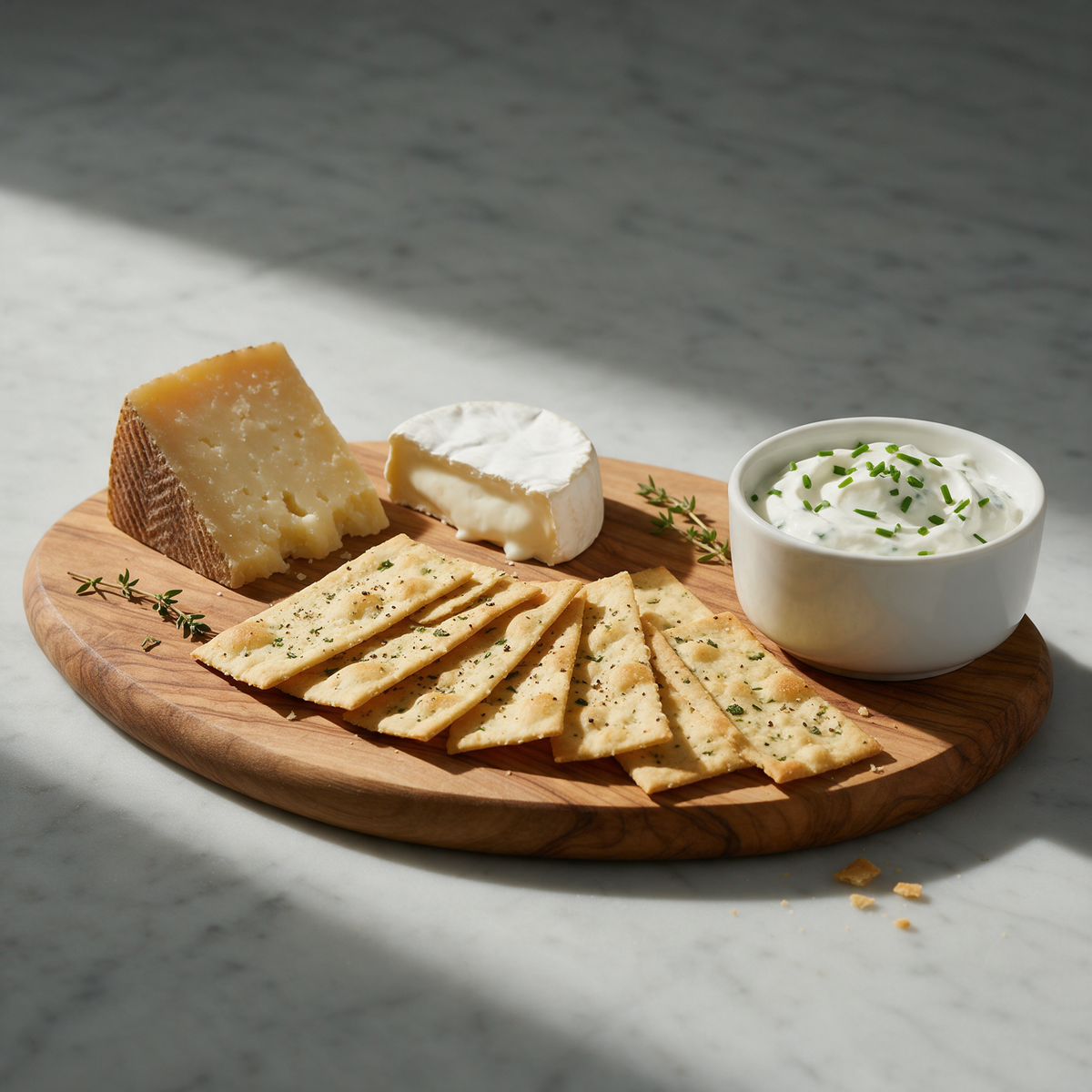 HridiKa's gluten free herbed aglio lavash crackers fanned on an olive wood board with aged cheese, a soft white cheese and a bowl of chive sour cream