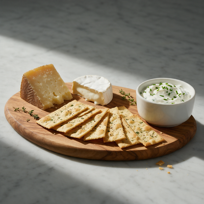 HridiKa's gluten free herbed aglio lavash crackers fanned on an olive wood board with aged cheese, a soft white cheese and a bowl of chive sour cream