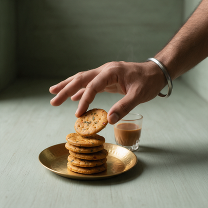 A hand setting a HridiKa's gluten free methi mathri bite onto a stack on a brass plate beside a glass of chai