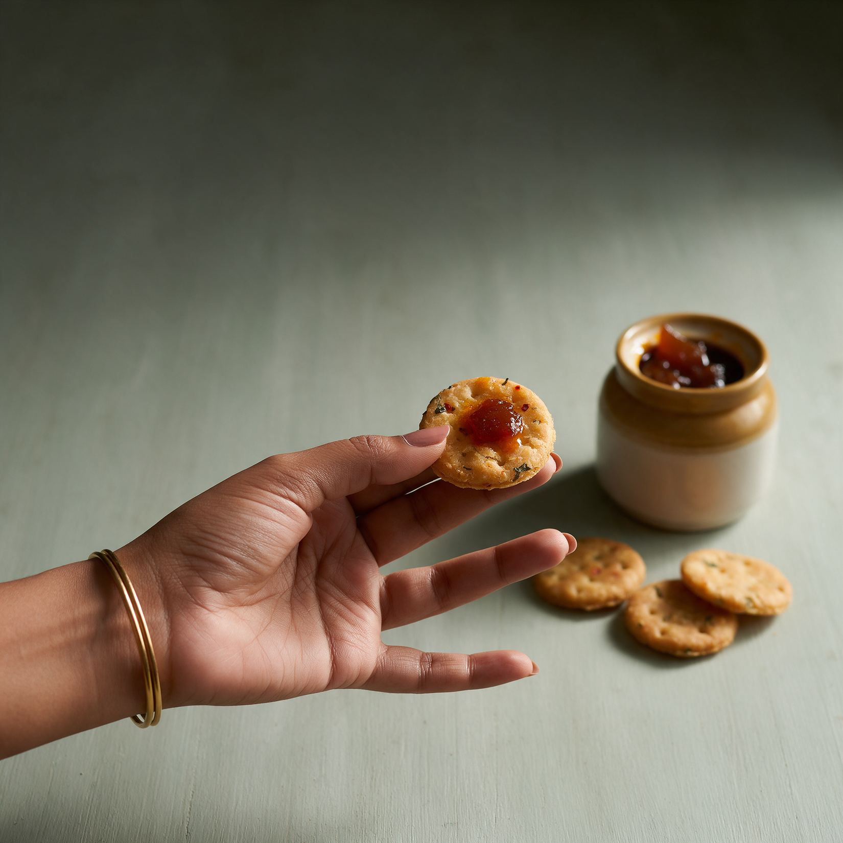 A hand holding a HridiKa's gluten free methi mathri bite topped with a dab of mango pickle, beside an open pickle jar
