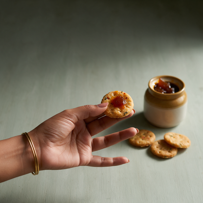 A hand holding a HridiKa's gluten free methi mathri bite topped with a dab of mango pickle, beside an open pickle jar
