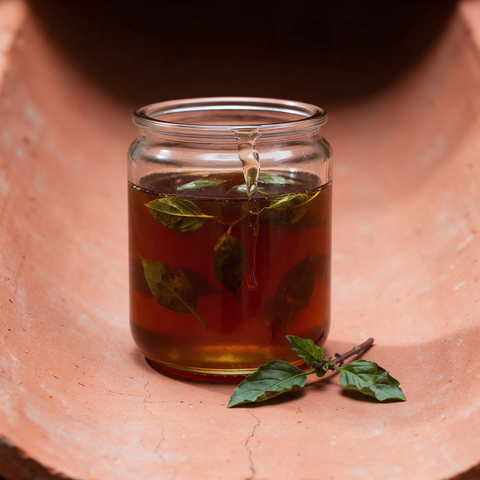 Tulsi leaves steeped and suspended at depth in amber forest honey in a clear glass jar, a fresh tulsi sprig on the terracotta beside it