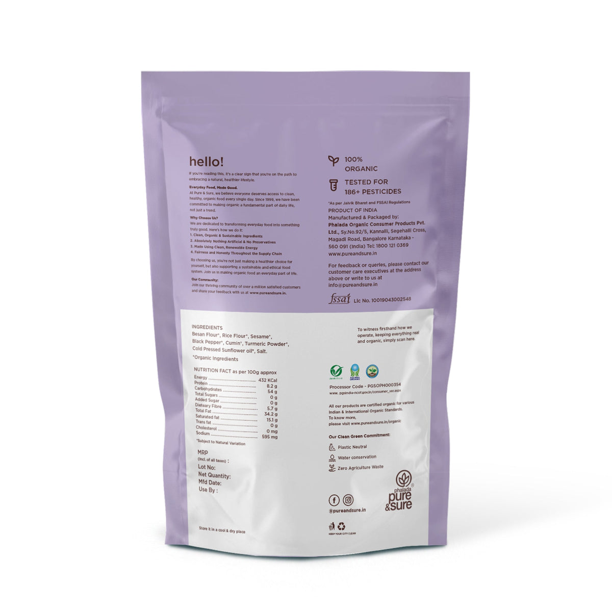 Back of the purepicked kara sev pack showing ingredients and nutrition information