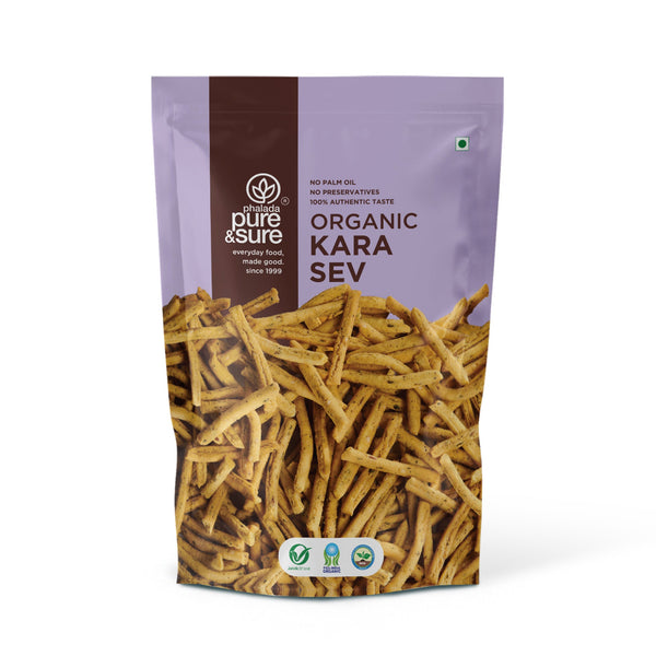 Front of the purepicked Pure & Sure organic kara sev pack, pepper-hot and MSG-free