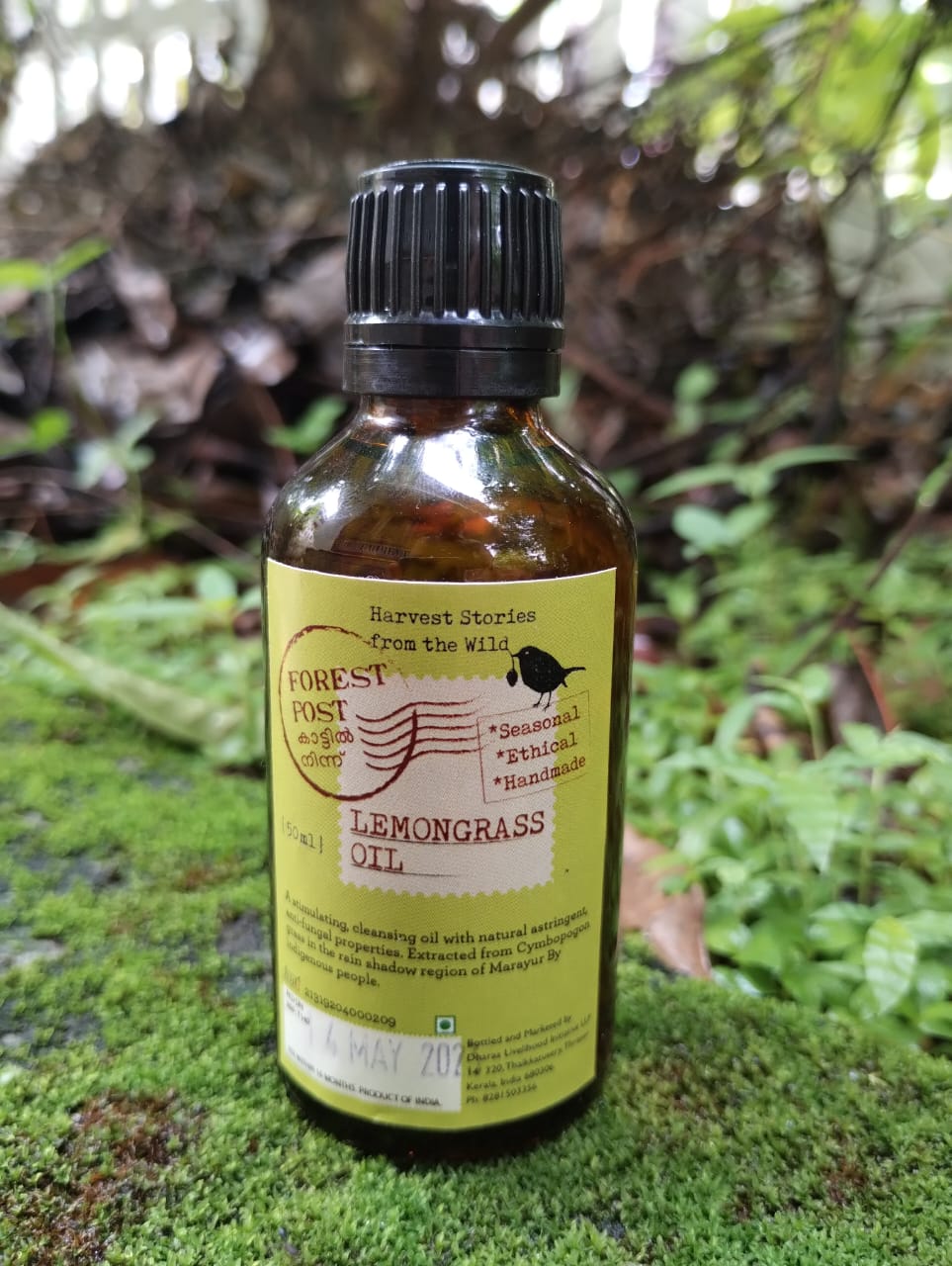 purepicked Forest Post lemongrass essential oil in a 50ml amber bottle, steam-distilled in Marayur