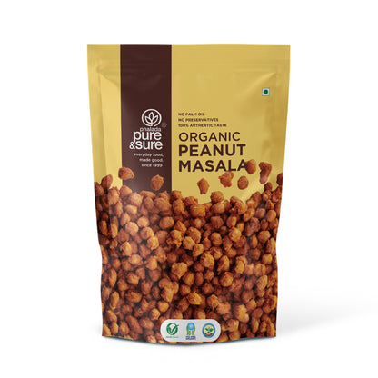 Front of the purepicked Pure & Sure organic peanut masala pack, spice-coated groundnuts