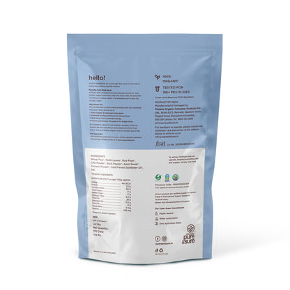 Back of the purepicked methi sticks pack showing ingredients and nutrition information