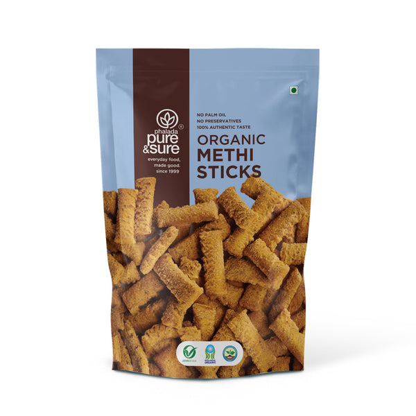 Front of the purepicked Pure & Sure organic methi sticks pack, fenugreek crackers