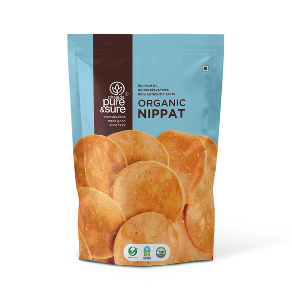 Front of the purepicked Pure & Sure organic nippat pack, Karnataka tea-time cracker