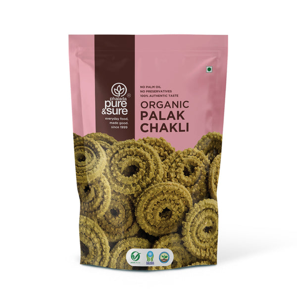 Front of the purepicked Pure & Sure organic palak chakli pack, made with real spinach
