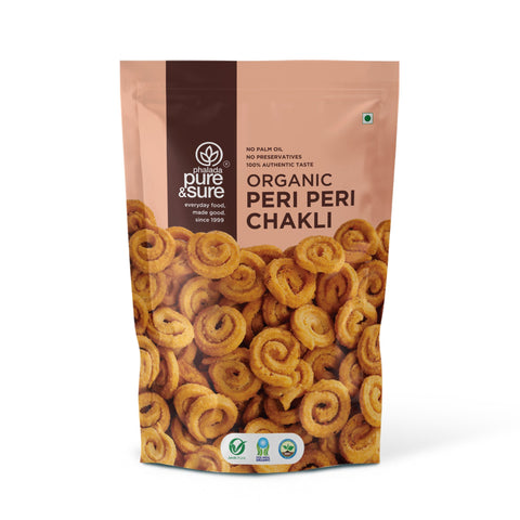 Front of the purepicked Pure & Sure organic peri peri chakli pack, no MSG