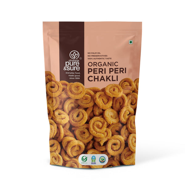 Front of the purepicked Pure & Sure organic peri peri chakli pack, no MSG