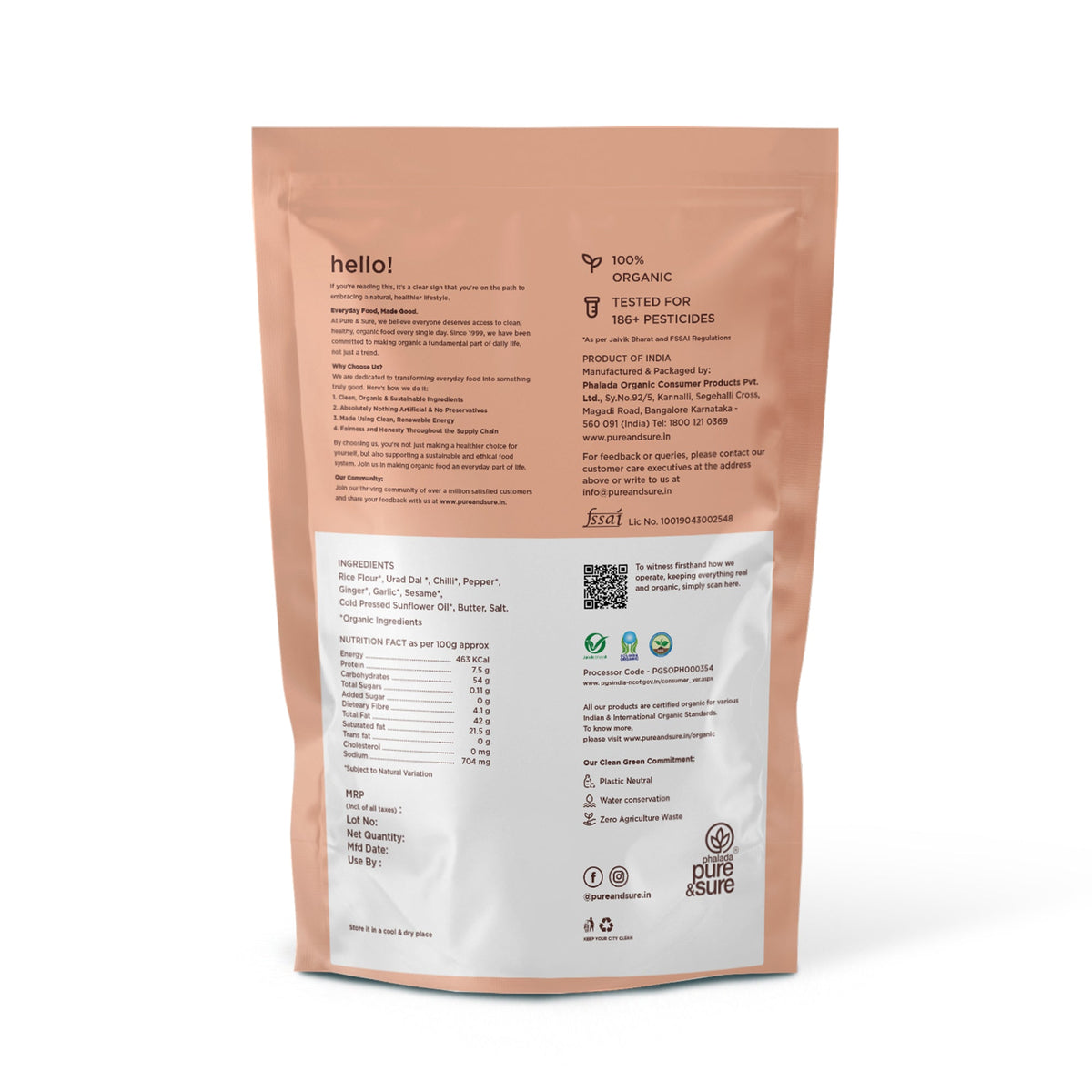 Back of the purepicked peri peri chakli pack showing ingredients and nutrition information
