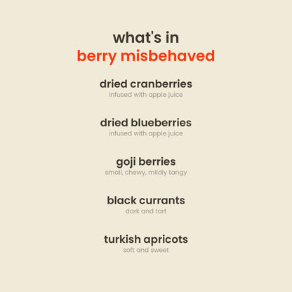 What is in Berry Misbehaved Dried Berry Mix: apple-infused dried cranberries, apple-infused dried blueberries, goji berries, black currants, turkish apricots
