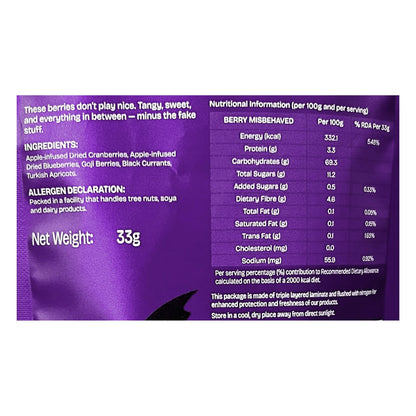 Must Be Nuts Berry Misbehaved Dried Berry Mix back of pack: ingredients, allergens and nutrition table