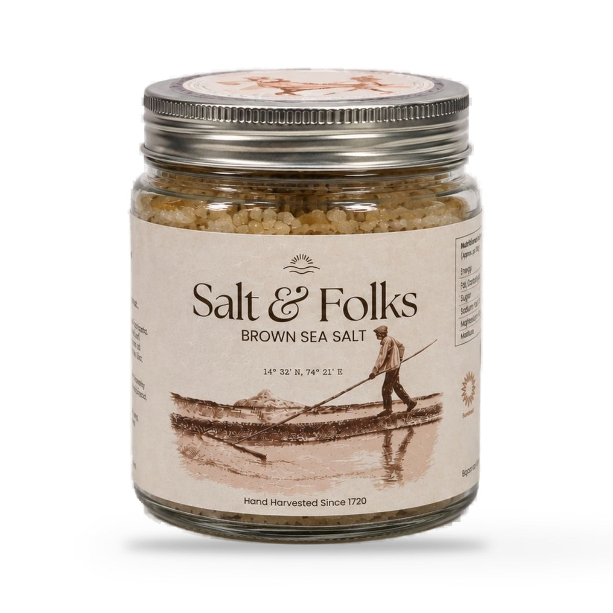 Salt & Folks Brown Sea Salt in a 200g glass jar