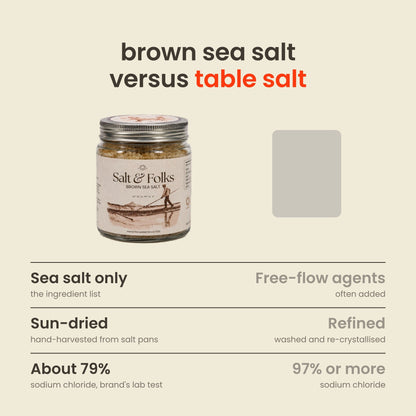 Salt & Folks Brown Sea Salt compared with regular table salt