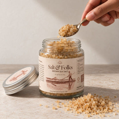 Coarse brown sea salt crystals in the jar with a spoon