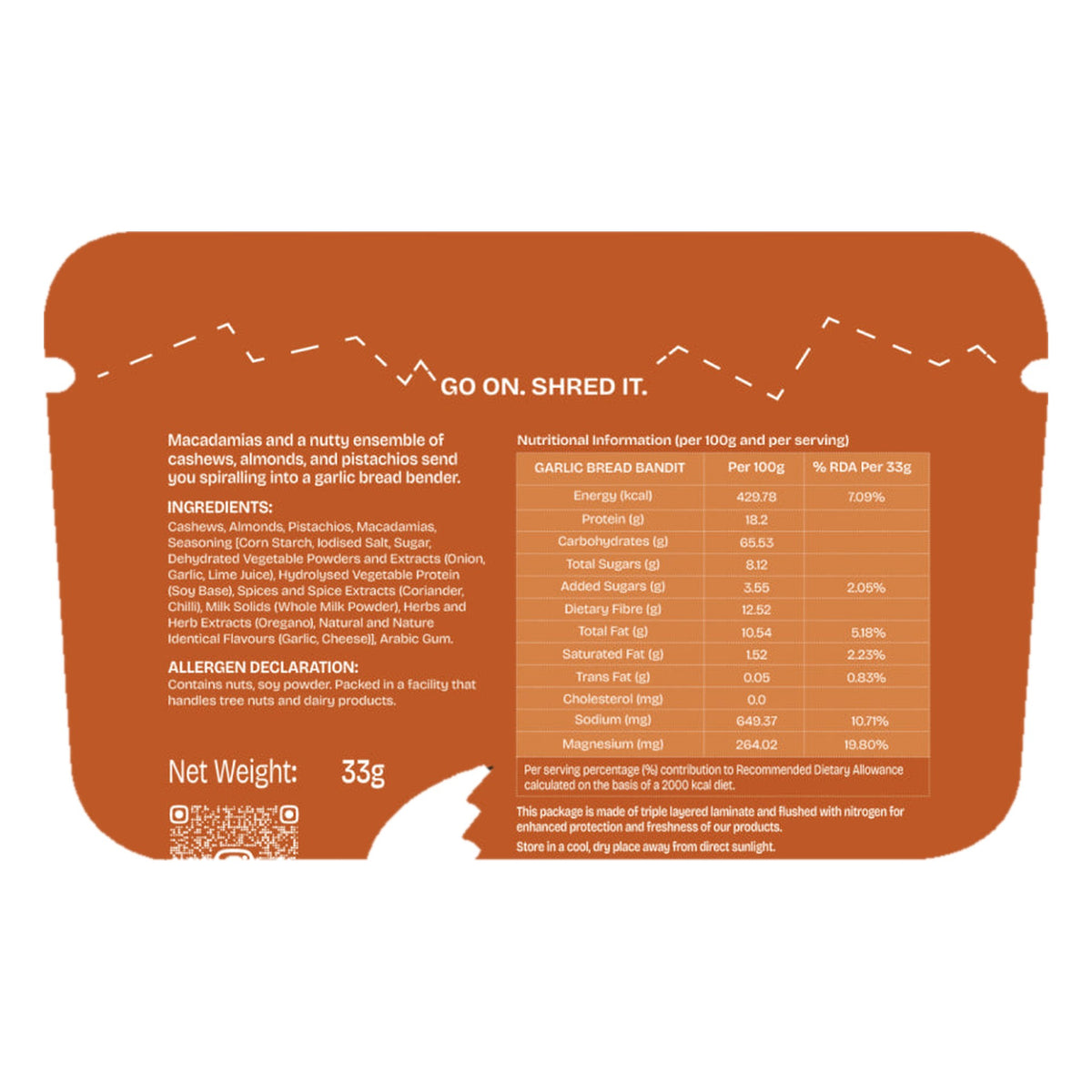 Must Be Nuts Garlic Bread Bandit Nut Mix back of pack: ingredients, allergens and nutrition table
