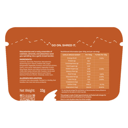 Must Be Nuts Garlic Bread Bandit Nut Mix back of pack: ingredients, allergens and nutrition table