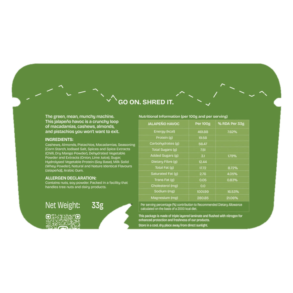 Must Be Nuts Jalapeño Havoc Nut Mix back of pack: ingredients, allergens and nutrition table