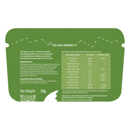 Must Be Nuts Jalapeño Havoc Nut Mix back of pack: ingredients, allergens and nutrition table