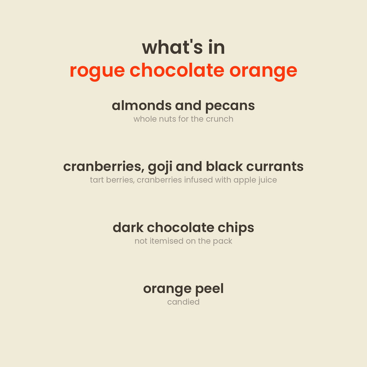 What is in Rogue Chocolate Orange Nut Mix: almonds, apple-infused dried cranberries, goji berries, pecans, black currants