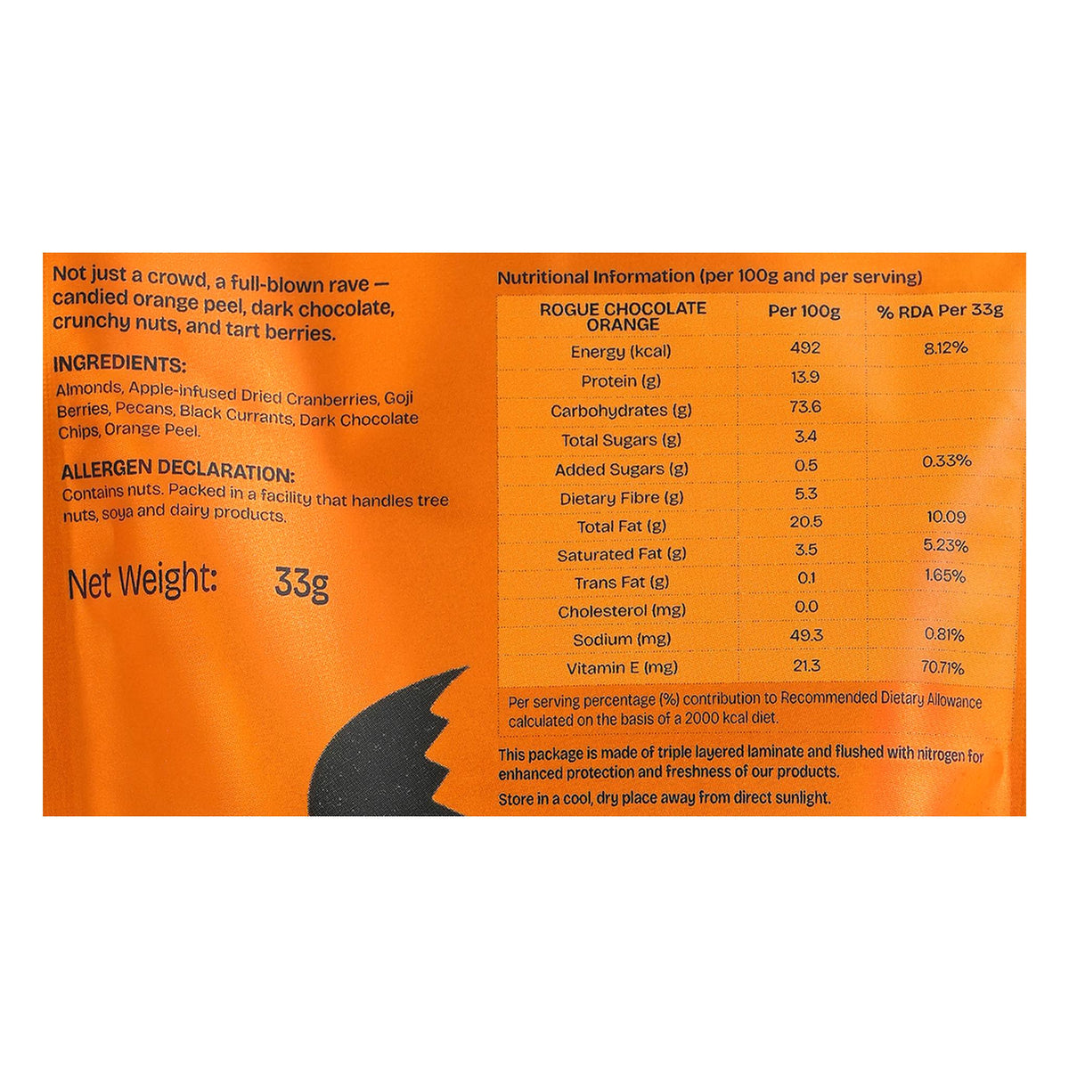 Must Be Nuts Rogue Chocolate Orange Nut Mix back of pack: ingredients, allergens and nutrition table