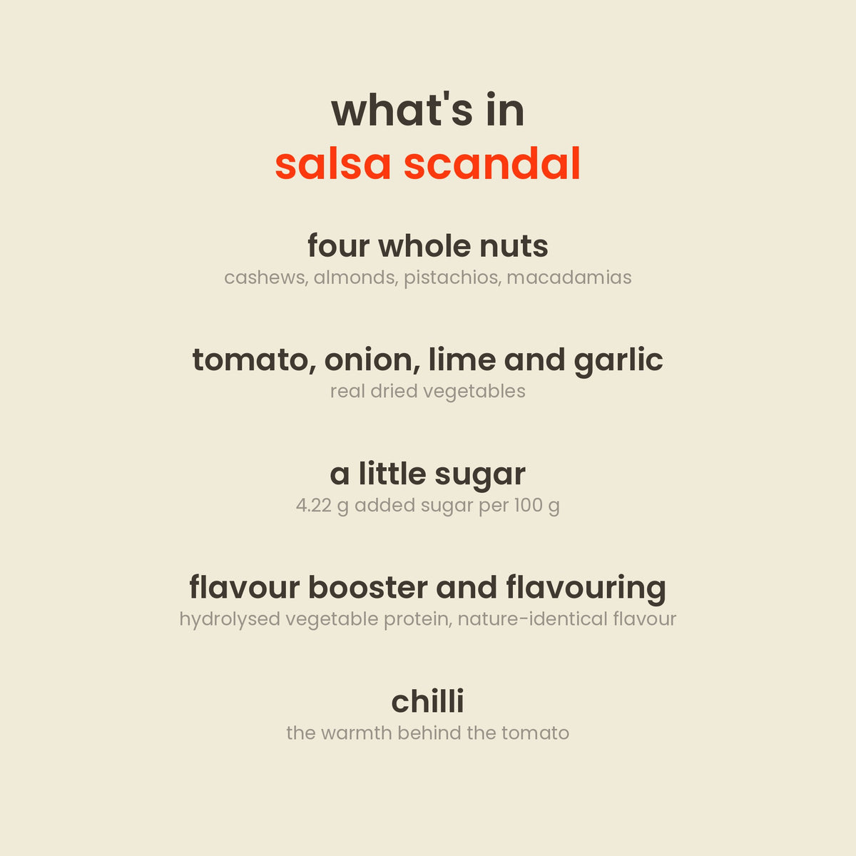 What is in Salsa Scandal Nut Mix: cashews, almonds, pistachios, macadamias, sugar, onion, tomato, lime, garlic, cucumber and beetroot powders, iodised salt, corn starch