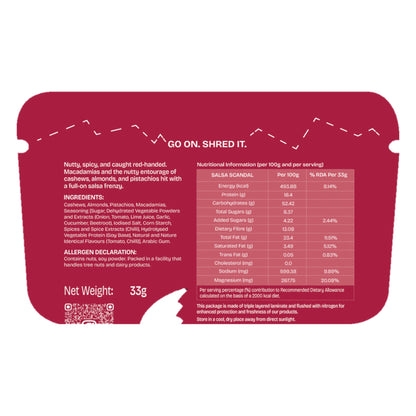 Must Be Nuts Salsa Scandal Nut Mix back of pack: ingredients, allergens and nutrition table