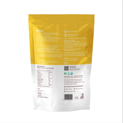 Back of purepicked organic black urad dal split pouch featuring nutritional information and ingredient details