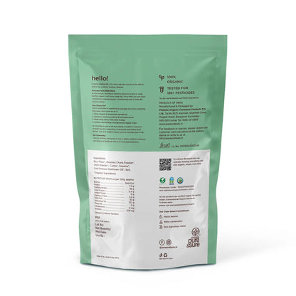 Back of purepicked Chakli snack packaging showing organic ingredients, nutrition facts, and certification labels.
