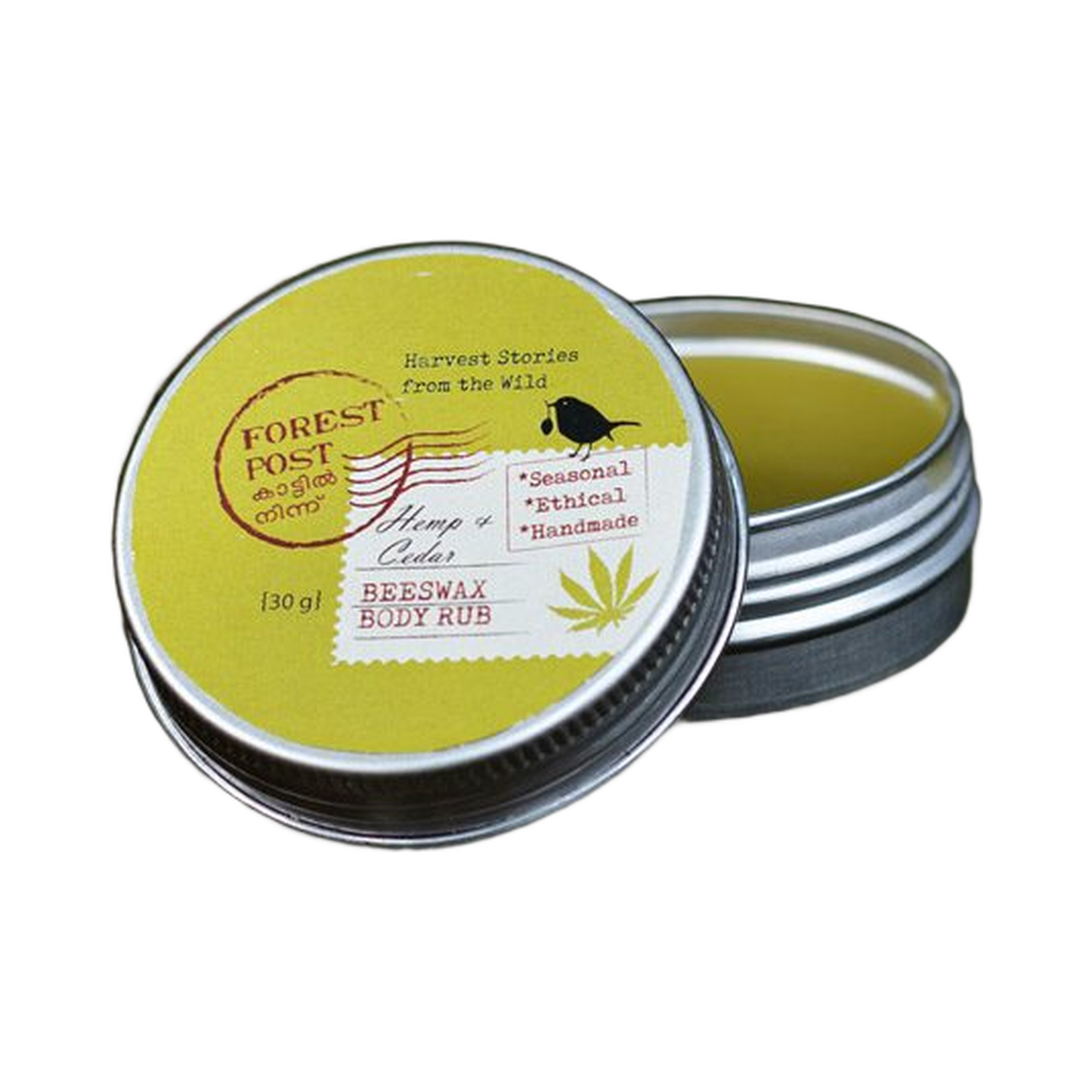 Forest Post Cedar Hemp Beeswax Body Rub, open tin on a white background